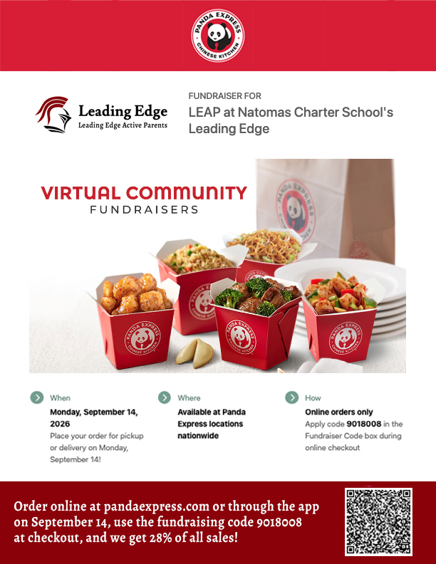 Panda Express Fundraiser: Order online or through the app and use code 9018008 so LE can get credit for the purchase. 28% of all sales go to Leading Edge Academy.